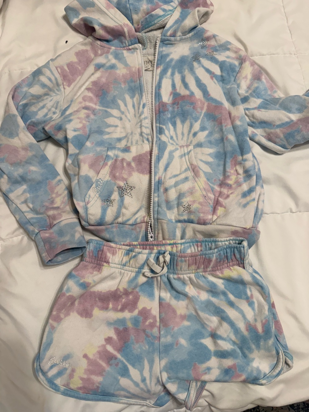 Butter Pastel Blue Pink Cream Tie-Dye Hoodie with Rhinestone Stars